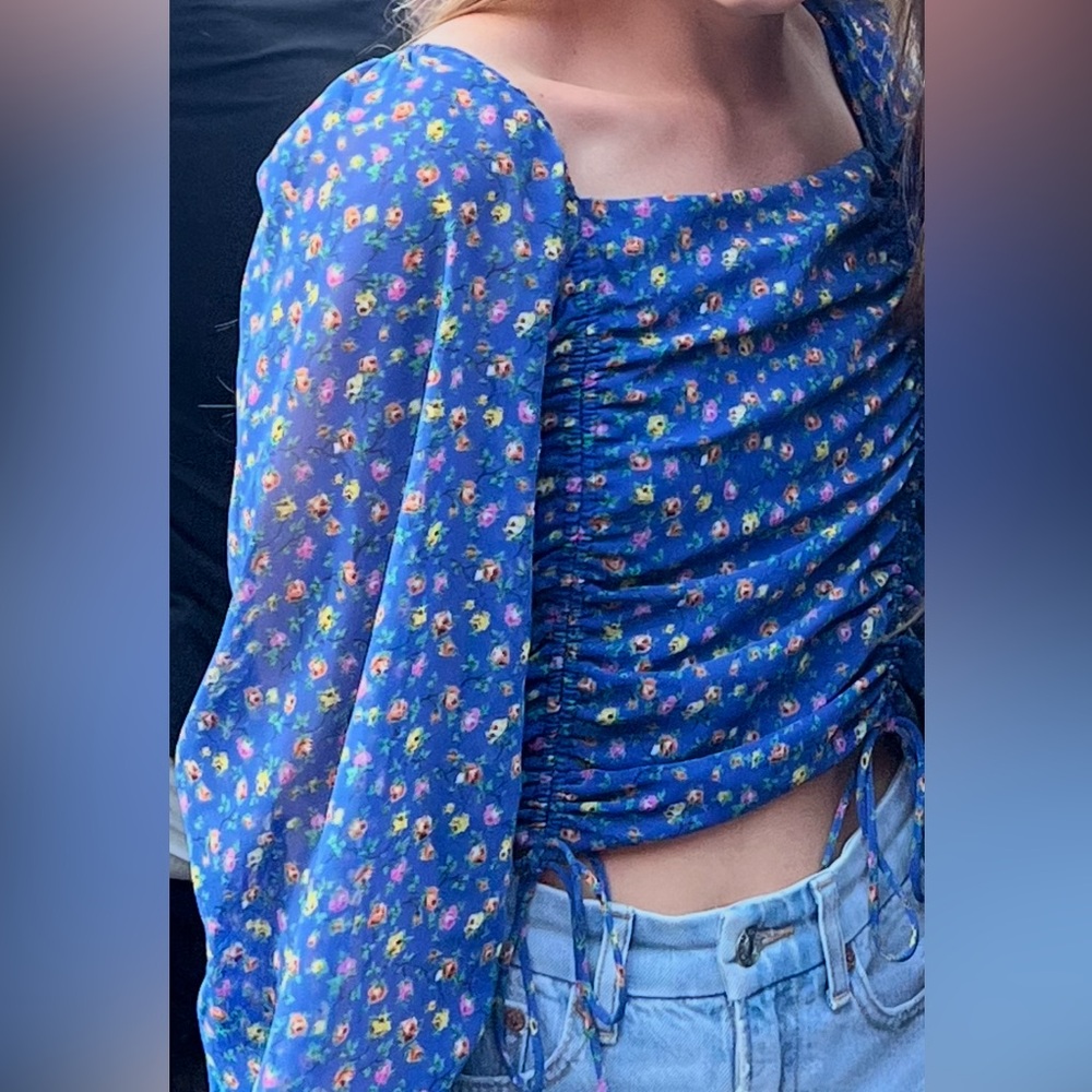 MARBLE Blue Ruched Crop Blouse